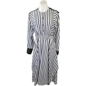 NEW Argent Black White Striped Button Long Sleeve Midi Maxi A-Line Dress Size S